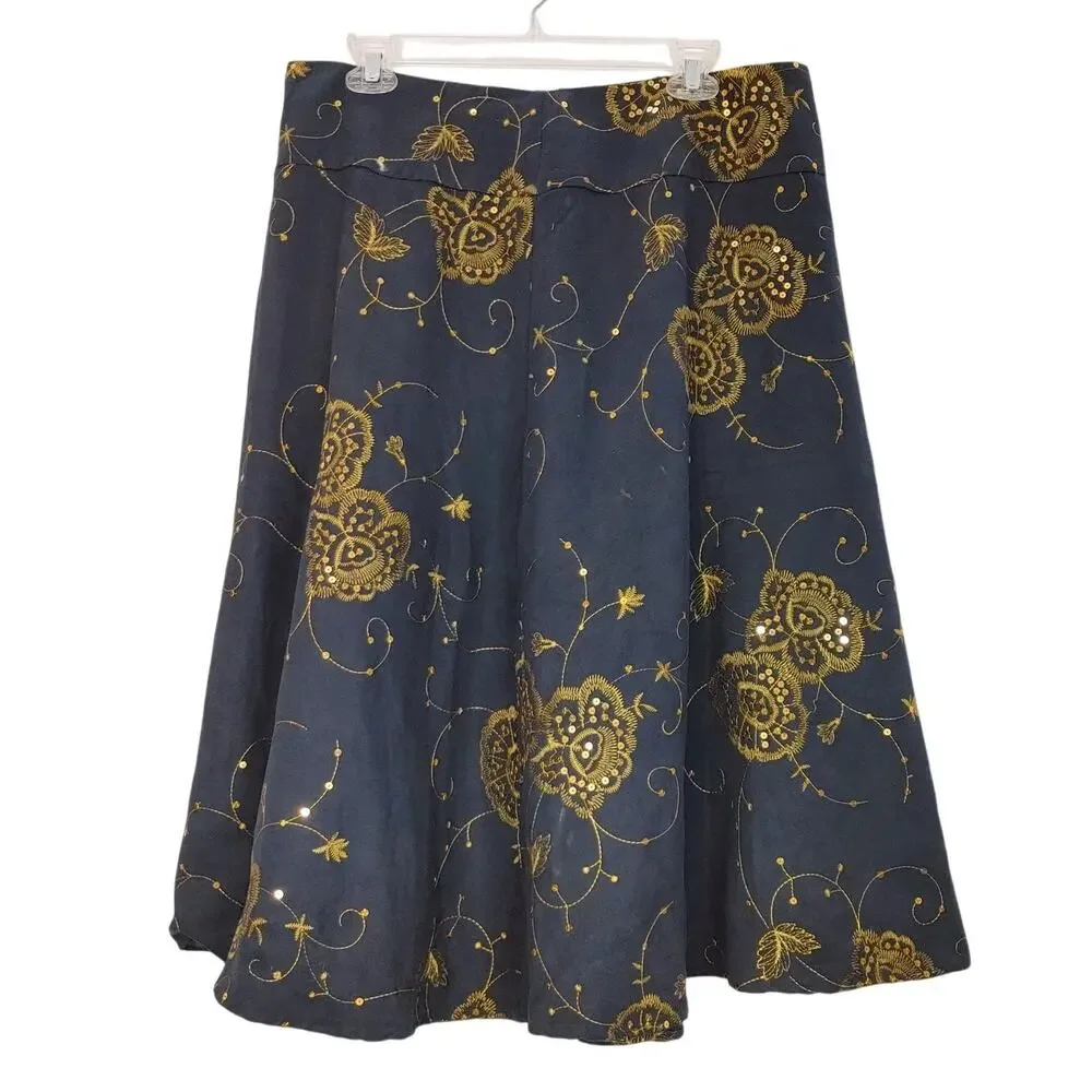 Richard Malcolm A LIne Midi Skirt Floral Sequin Embroidered Gold Black Womens 14